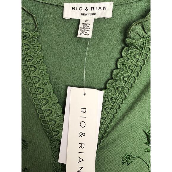 Rio & Rian Embroidered Top Women's 3X Ruffle Neck Vineyard Green NEW - Picture 5 of 10